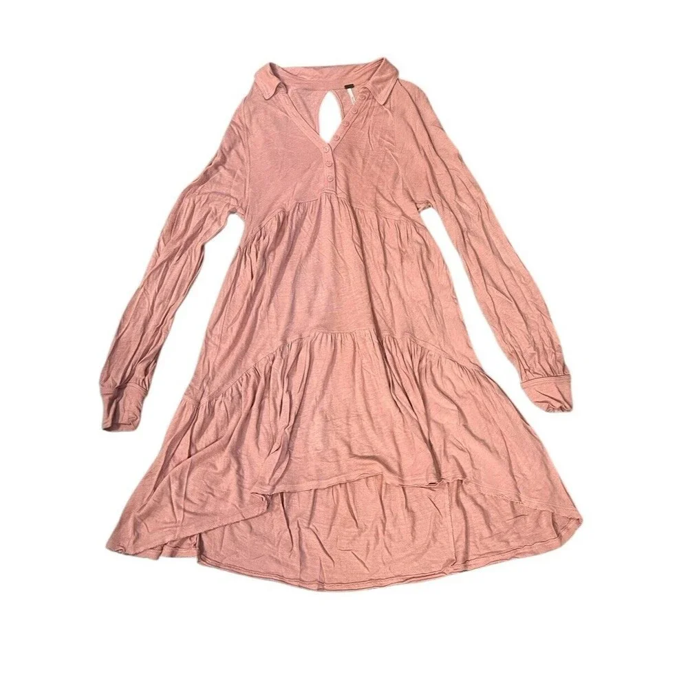 Free People Best Girl‎ Tunic Tiered baby doll Ruffles Keyhole Back Dress XS Pink